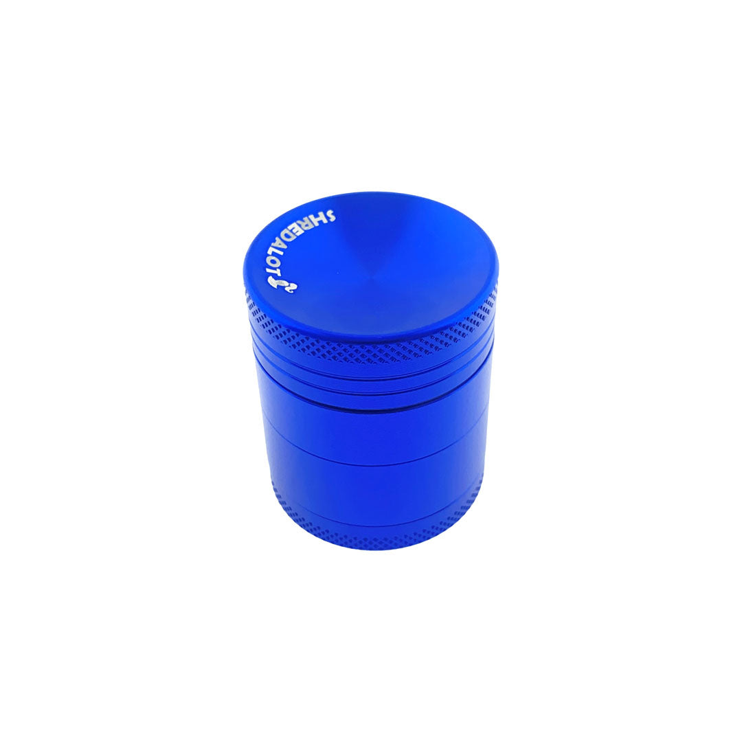 Sir Shredalot 4-part Grinder in blue with carved lid, 40mm, front view on white background