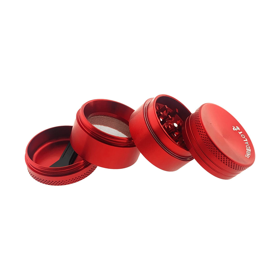 Sir Shredalot 4-Part Grinder 40mm with Carved Lid in Red, Disassembled View