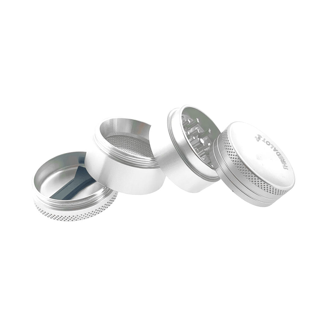 Sir Shredalot 4-part Grinder with Carved Lid, 40mm, Disassembled View on White Background