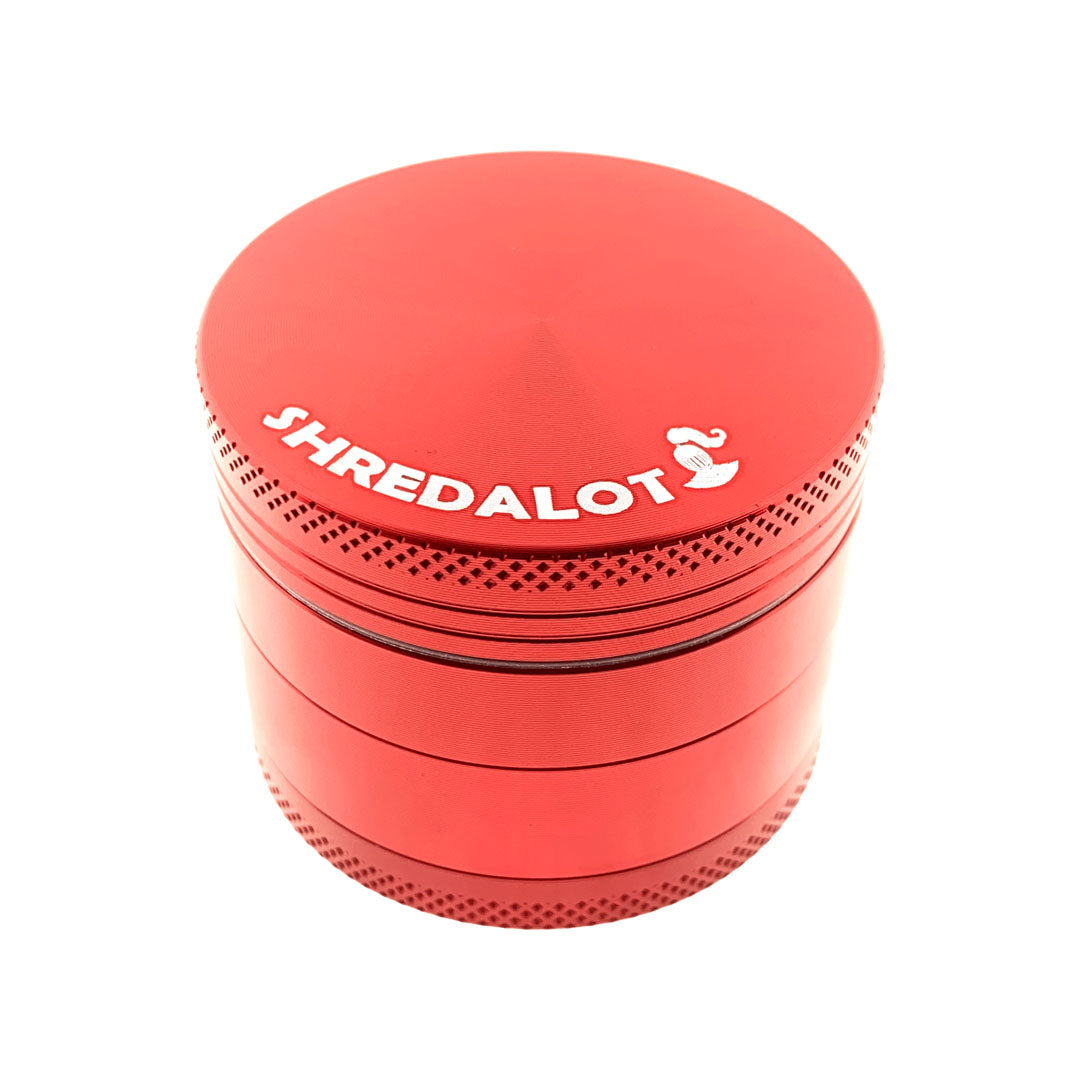 Sir Shredalot 4-part 50mm Grinder in red, front view on a white background, perfect for fine grinding