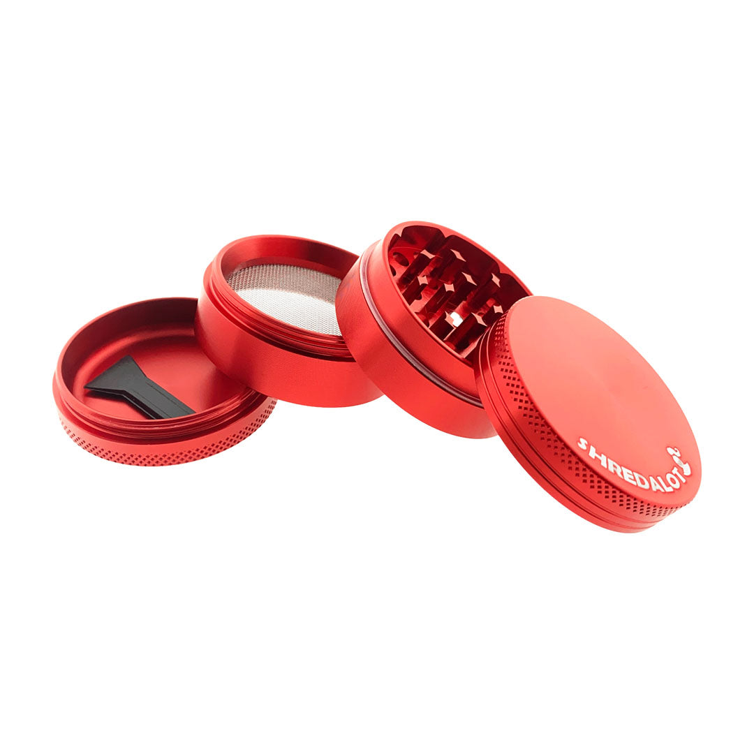 Sir Shredalot 4-Part Grinder in Red, 50mm, Open View Showing All Compartments
