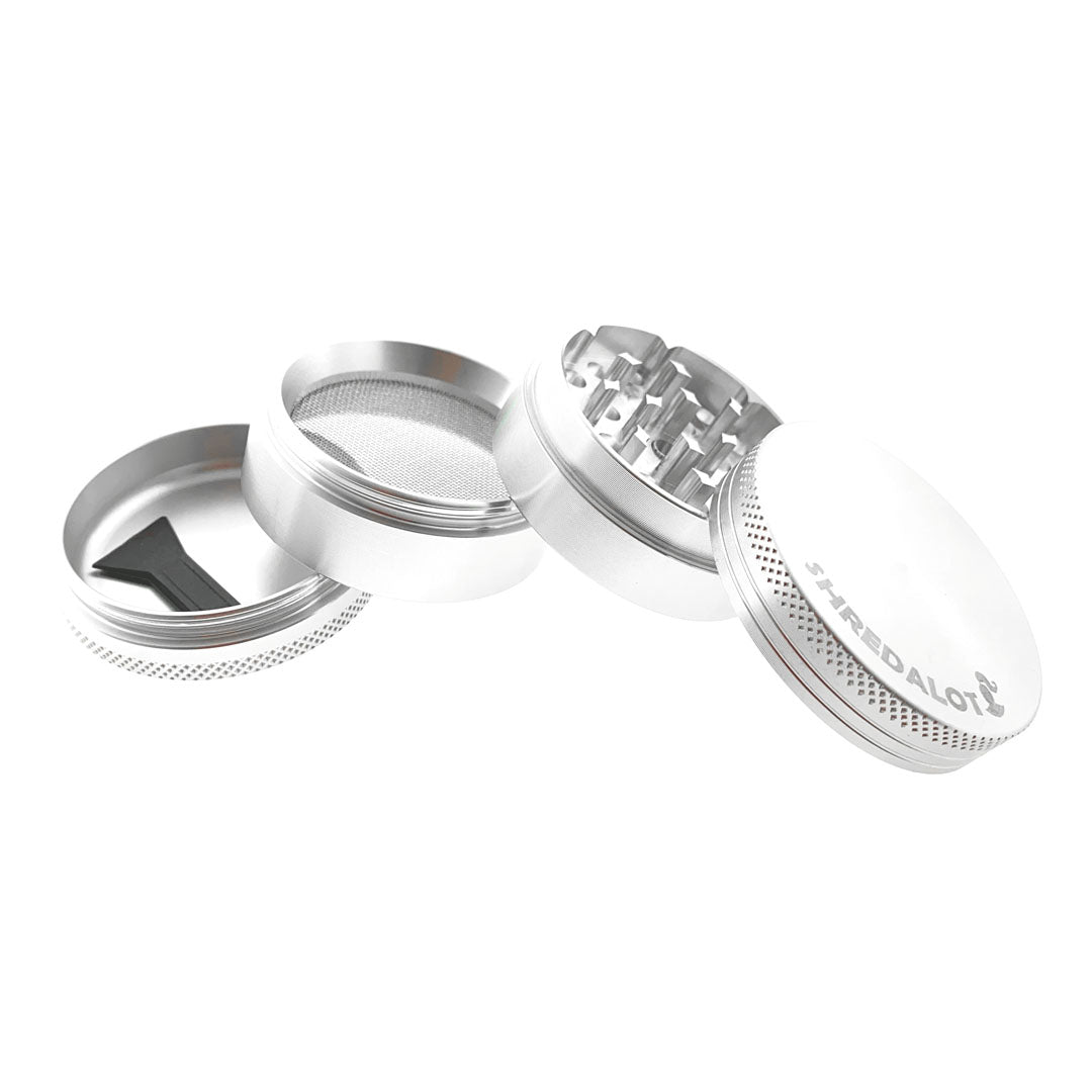 Sir Shredalot 4-part Grinder 50mm in silver, disassembled view showing all components