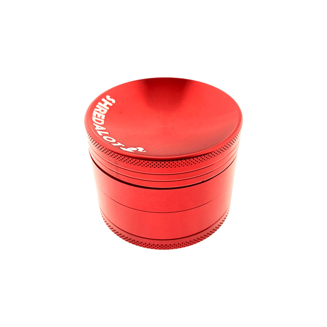 Sir Shredalot 63mm 4-Part Grinder with Carved Lid in Red, Front View on White Background