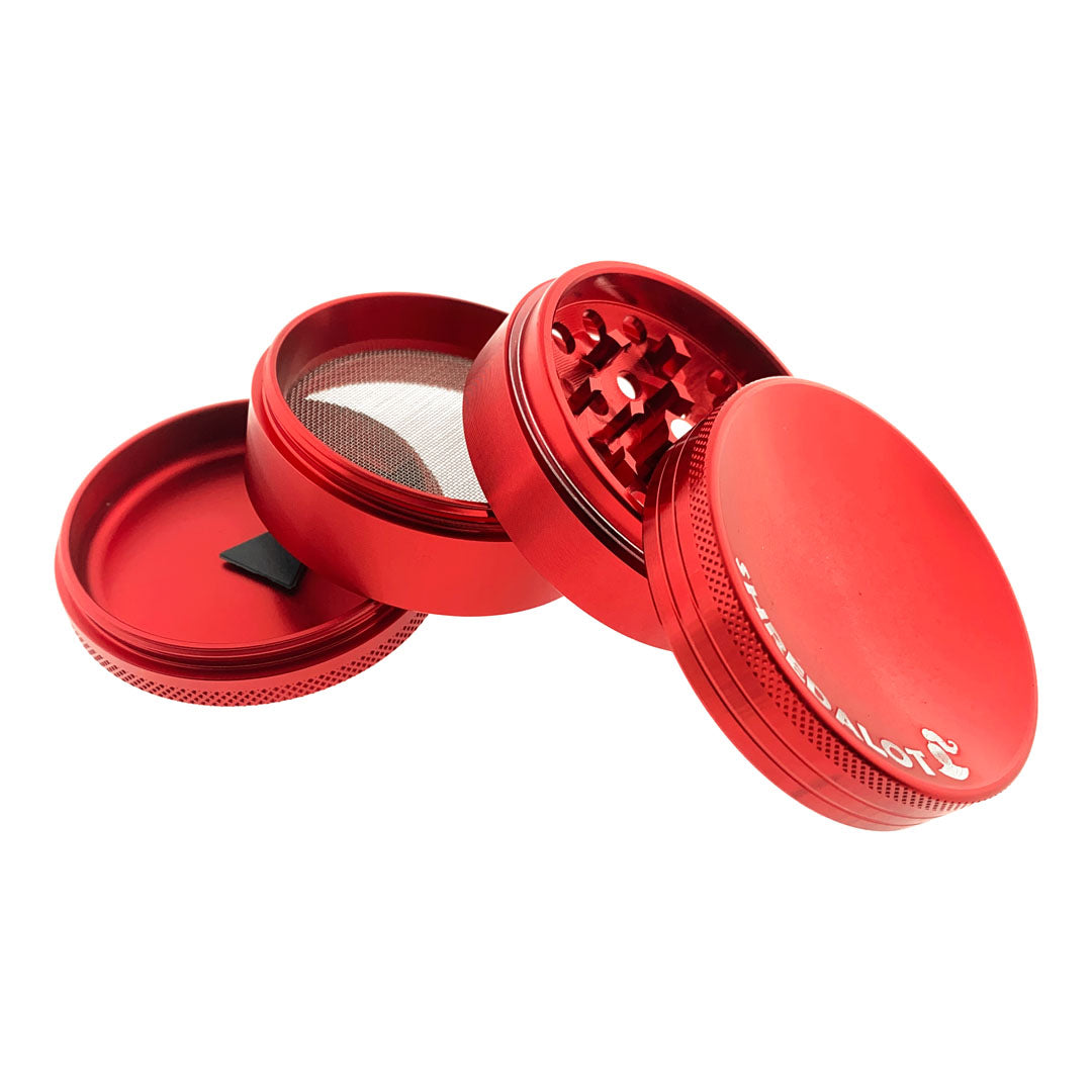 Sir Shredalot 4-part Grinder 63mm with Carved Lid in Red, Open View Showing Compartments