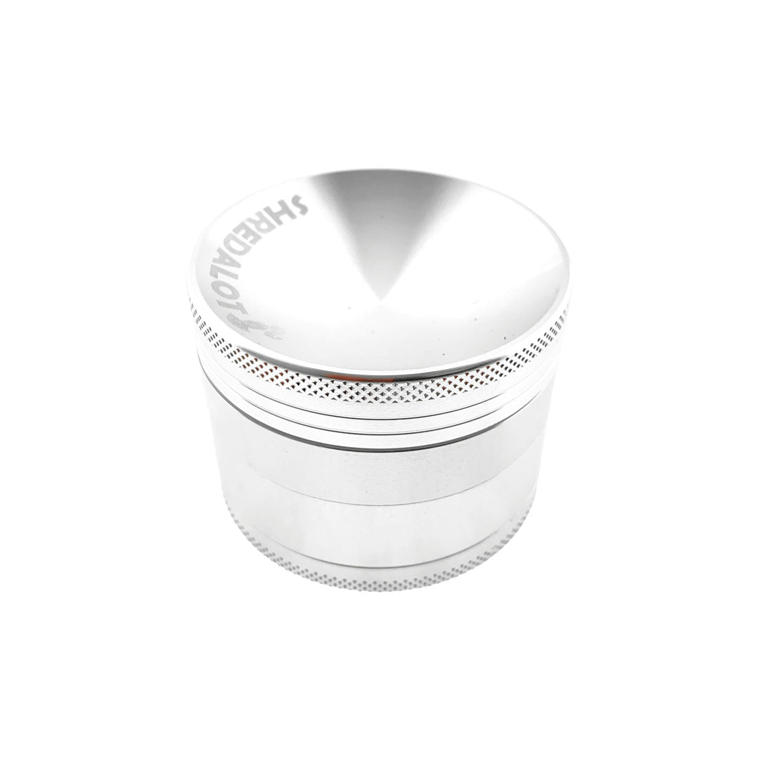 Sir Shredalot 63mm 4-Part Grinder with Carved Lid and Fine Mesh Screen, Front View on White Background