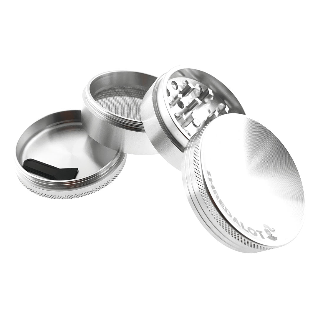 Sir Shredalot 4-Part Grinder 63mm with Carved Lid, Disassembled View Showing All Parts