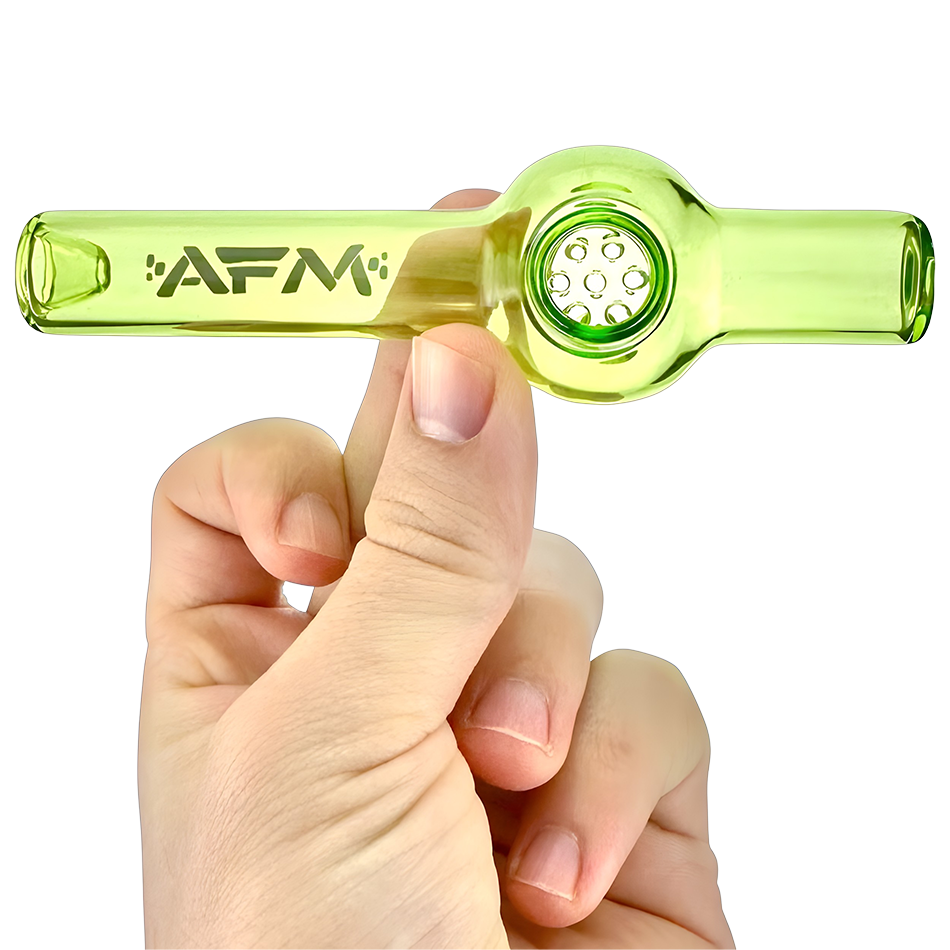 AFM 4.5" Poppy Glass Screen Hand Pipe in Neon Green, Held in Hand, Durable Borosilicate