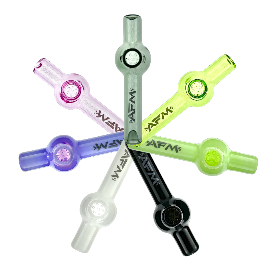 AFM Poppy Glass Screen Hand Pipes in assorted colors, top view, with borosilicate glass