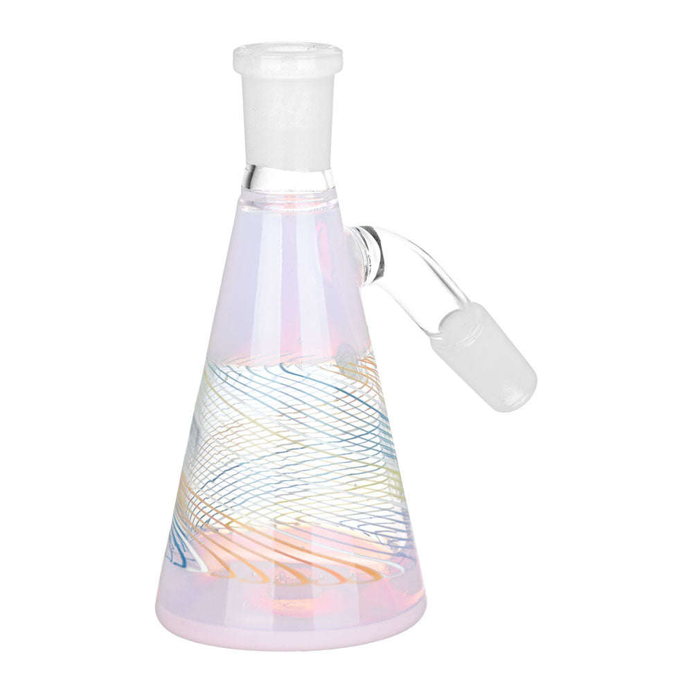 Candy Spiral Dry Ash Catcher, 4.25" tall, 14mm joint, with vibrant color swirls, front view on white background