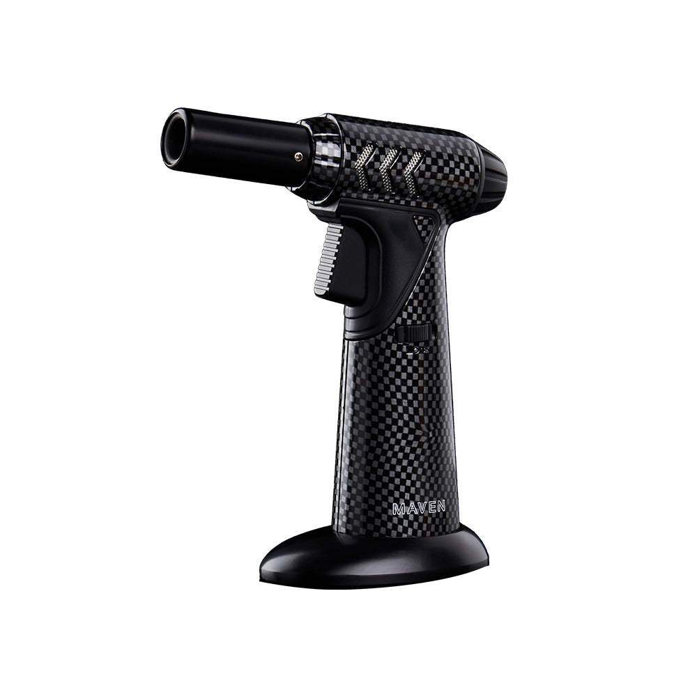 Maven Torch Tornado in Carbon Fiber with Windproof Jet Flame, Safety Lock, and Adjustable Flame - Side View