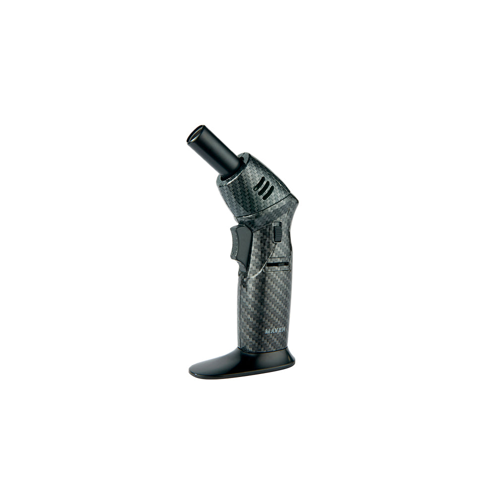 Maven Torch Model T with Carbon Fiber design, Adjustable Jet Flame Butane Lighter, Front View