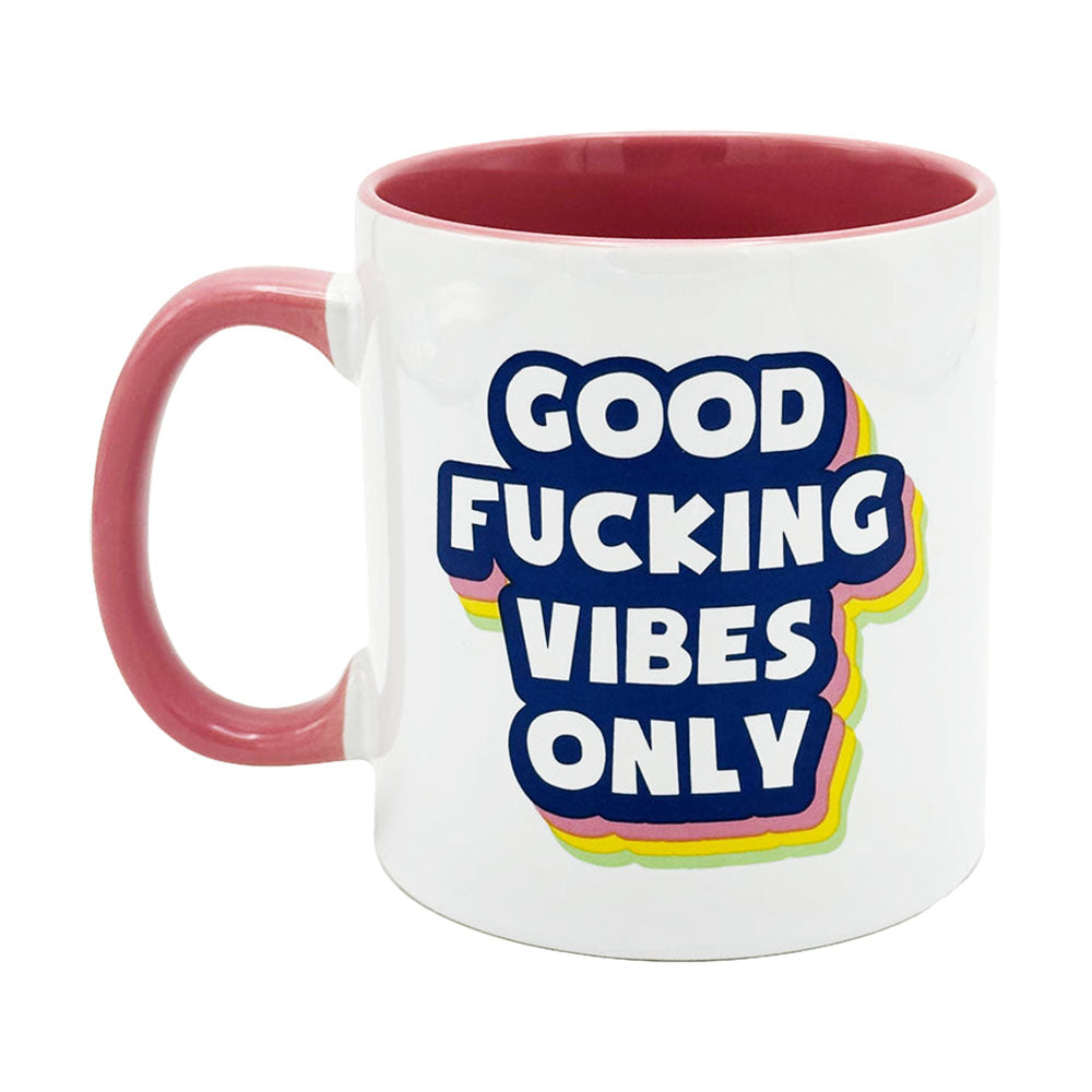 VIBES Large Ceramic Mug 22oz with bold text 'GOOD FUCKING VIBES ONLY' - Dishwasher Safe