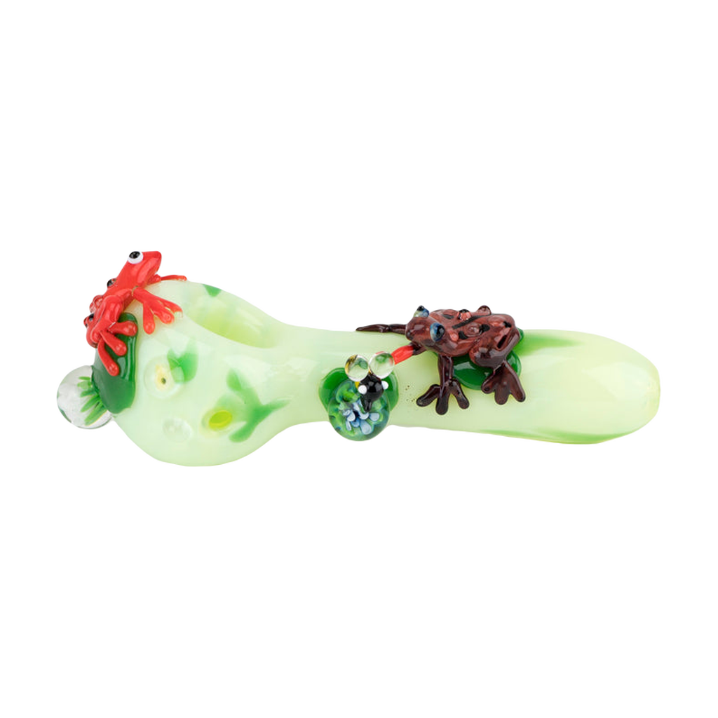 Empire Glassworks Ribbit Small Spoon Pipe with intricate frog design, side view on white background