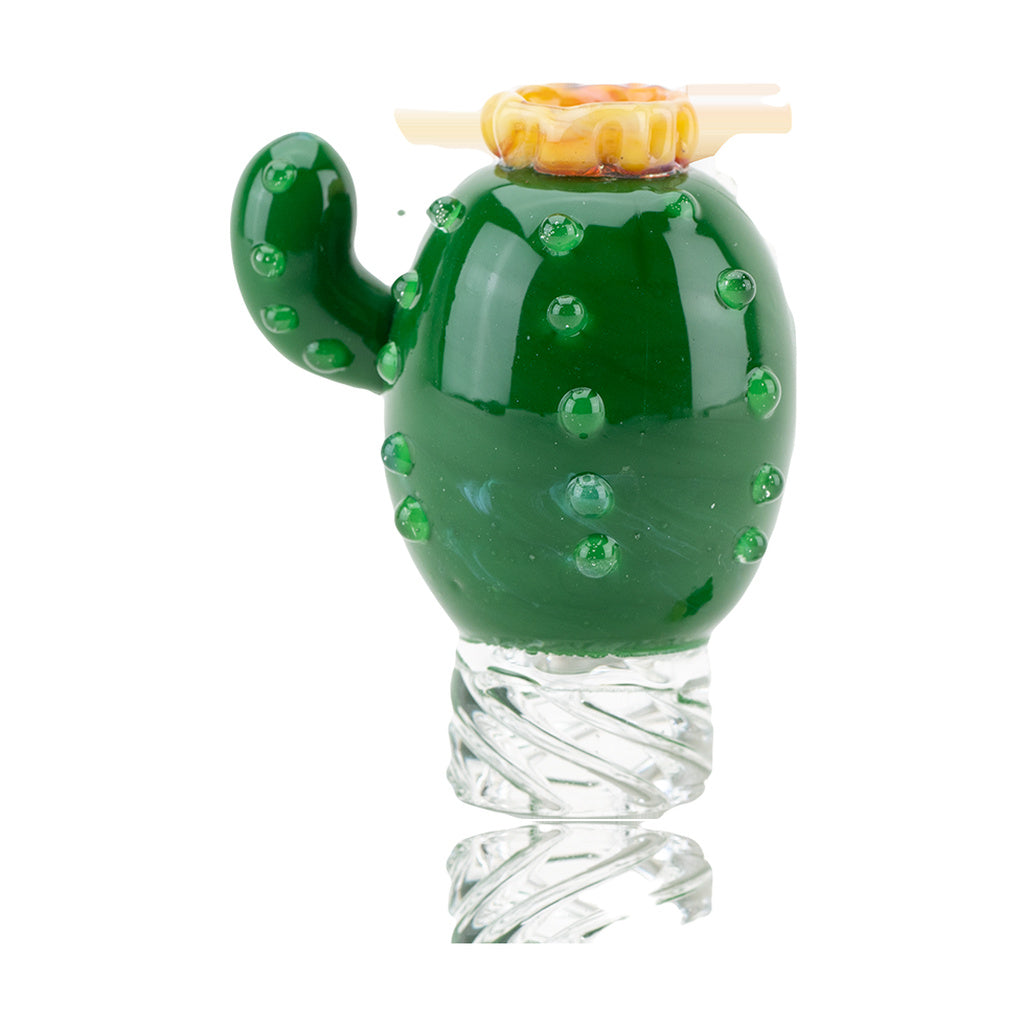 Empire Glassworks Cactus Spinner Cap in green borosilicate glass, compact design, front view on white background