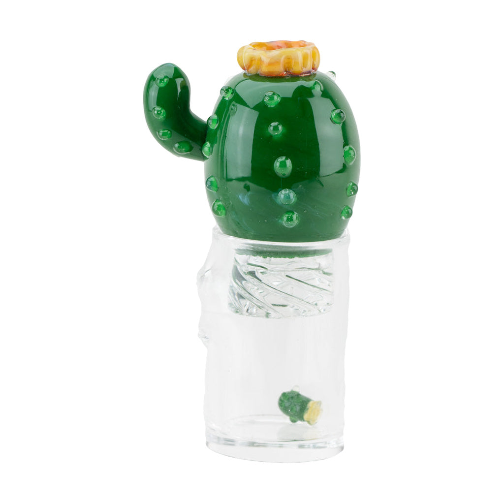 Empire Glassworks Cactus Spinner Cap in green borosilicate, side view on clear dab rig