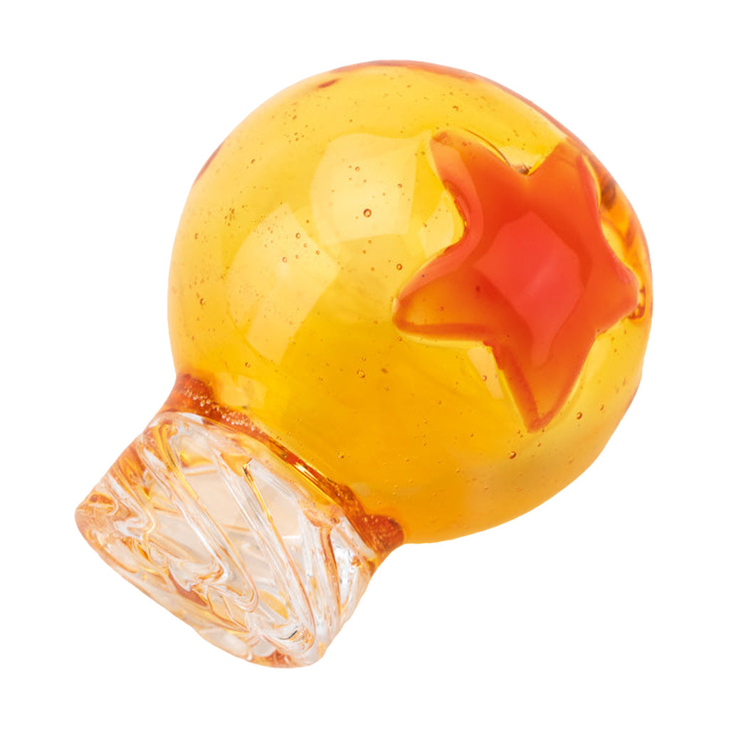 Empire Glassworks Dragon Sphere Spinner Cap in yellow borosilicate glass, top view on white background