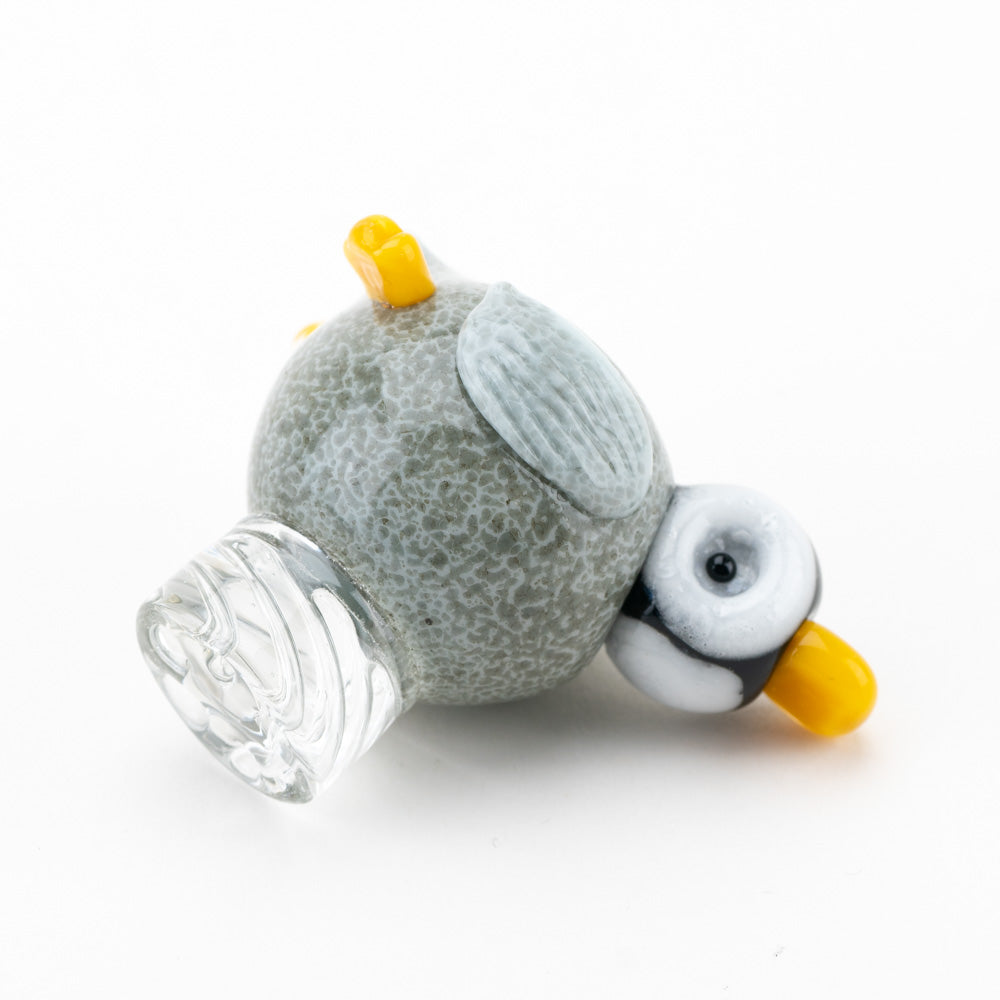 Empire Glassworks Penguin Paulie Spinner Cap in Borosilicate Glass, Side View on White
