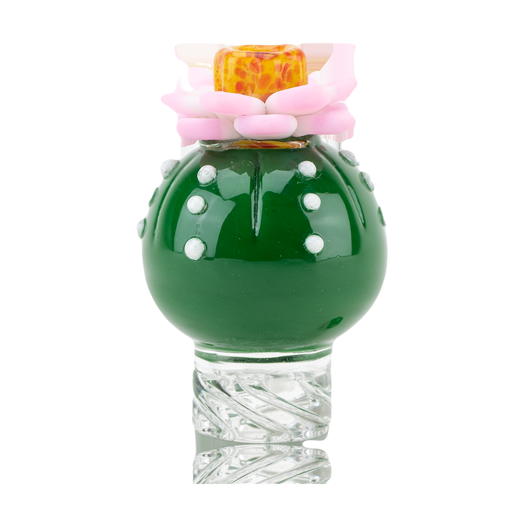 Empire Glassworks Peyote Spinner Cap in green with pink flower, compact borosilicate glass