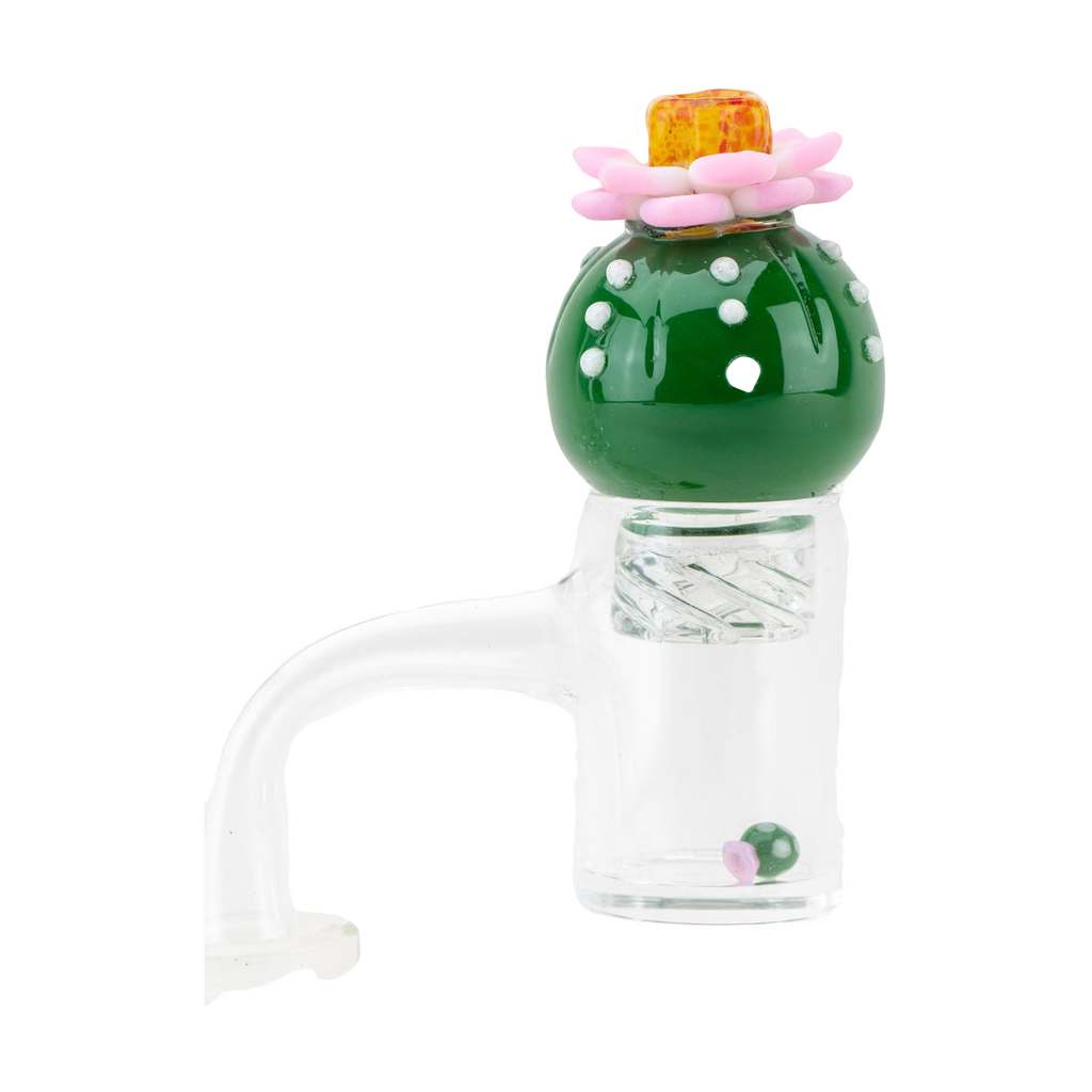 Empire Glassworks Peyote Spinner Cap in green with pink flower, compact design for dab rigs, front view