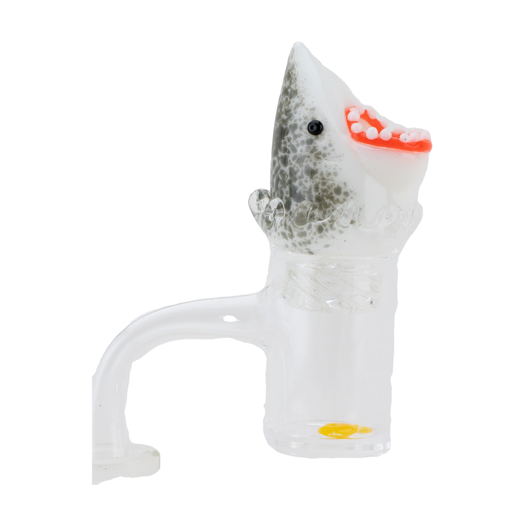 Empire Glassworks Jawsome Spinner Cap in shark design, side view on clear banger