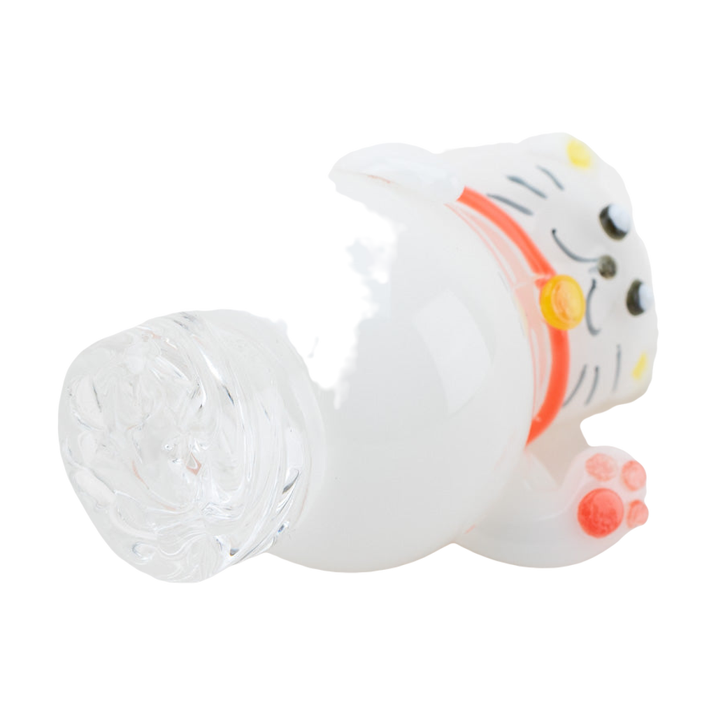 Empire Glassworks Lucky Cat Spinner Cap in white borosilicate, side view on white background