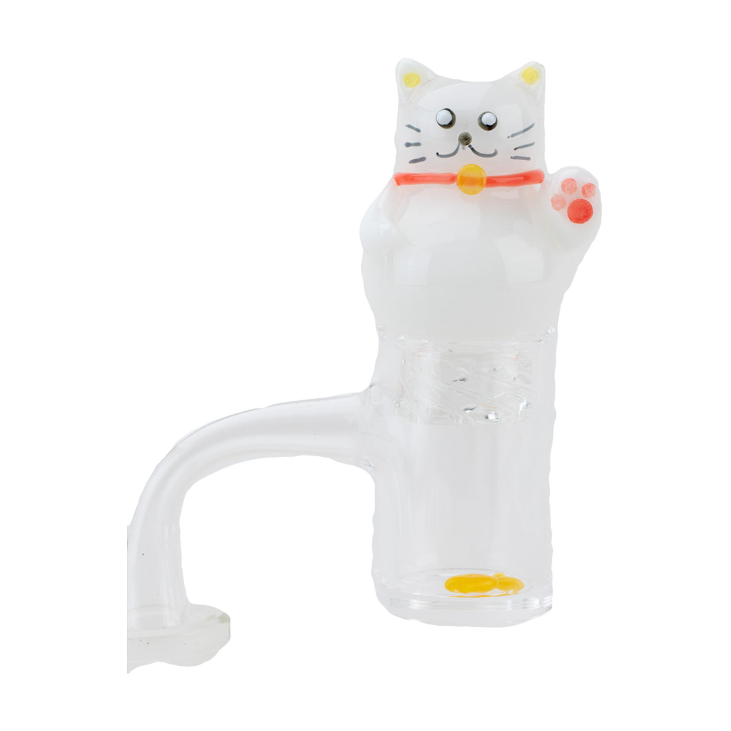 Empire Glassworks Lucky Cat Spinner Cap in white, compact design for dab rigs, front view on clear bong