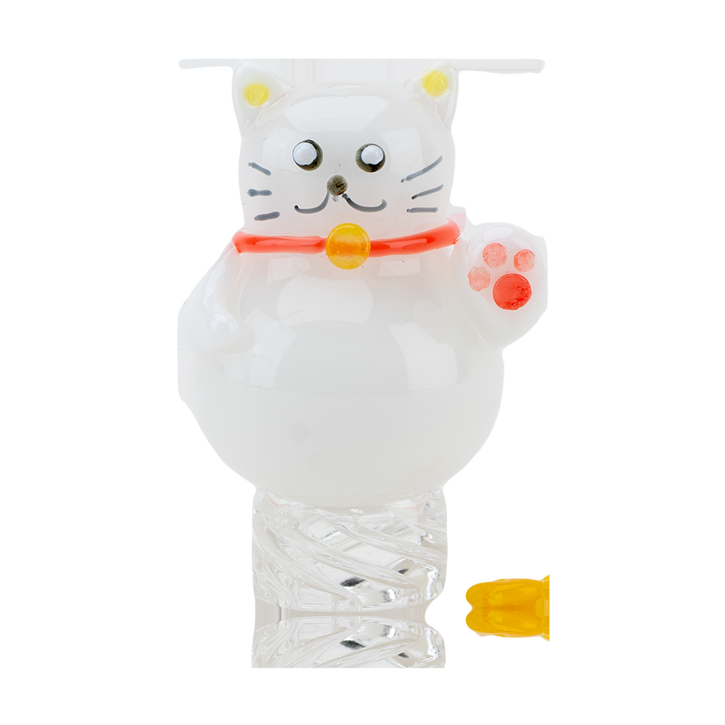 Empire Glassworks Lucky Cat Spinner Cap in white borosilicate glass, front view on seamless background