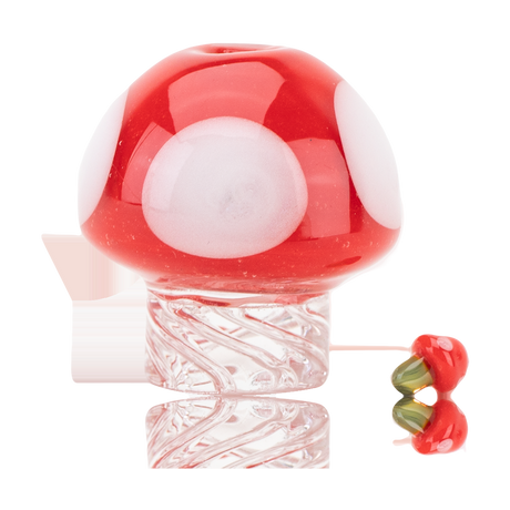 Empire Glassworks Red & White Mushroom Spinner Cap for Dab Rigs, Front View on Reflective Surface