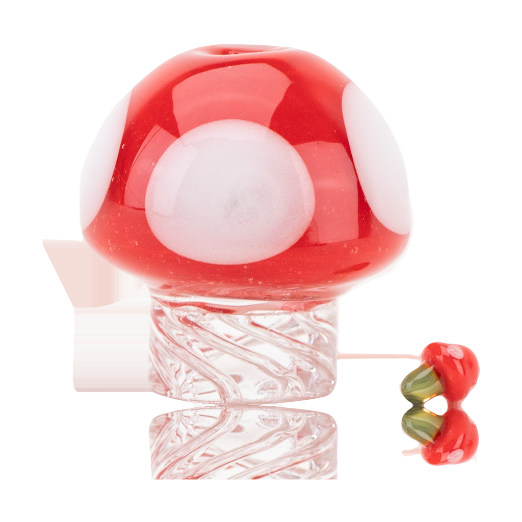 Empire Glassworks Red & White Mushroom Spinner Cap for Dab Rigs, Front View on Reflective Surface