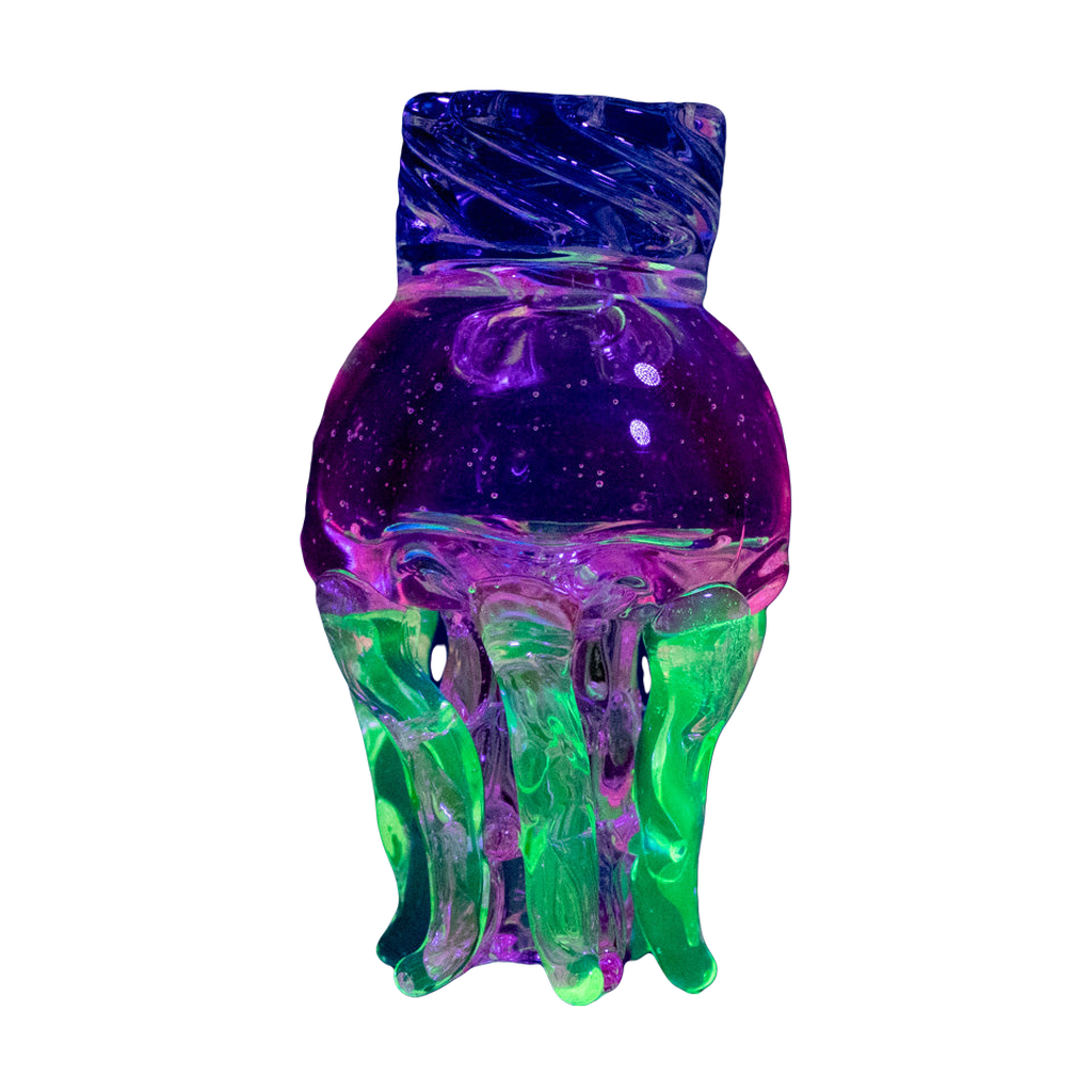 Empire Glassworks UV Reactive Jellyfish Spinner Cap for Dab Rigs, Glowing on Dark Background