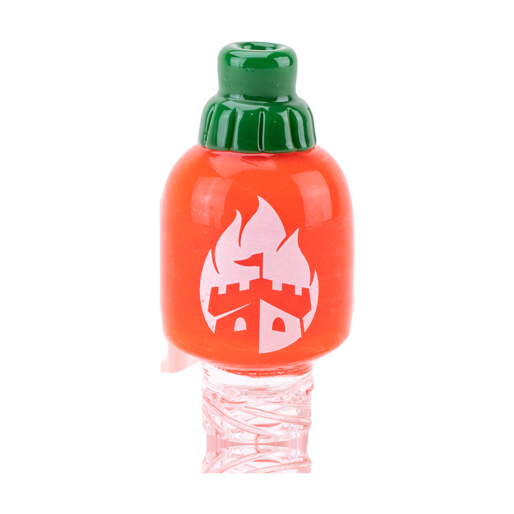 Empire Glassworks Sriracha Spinner Cap in Borosilicate Glass, Fun Novelty Design, Front View