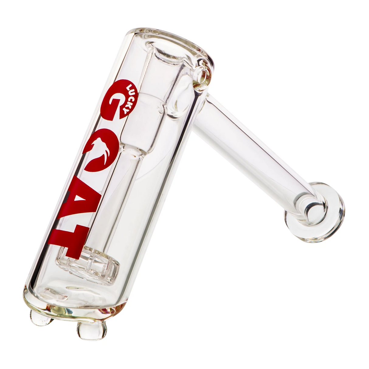 Lucky Goat 6" Alps Showerhead Hammer Bubbler with clear glass and red logo, side view on white background