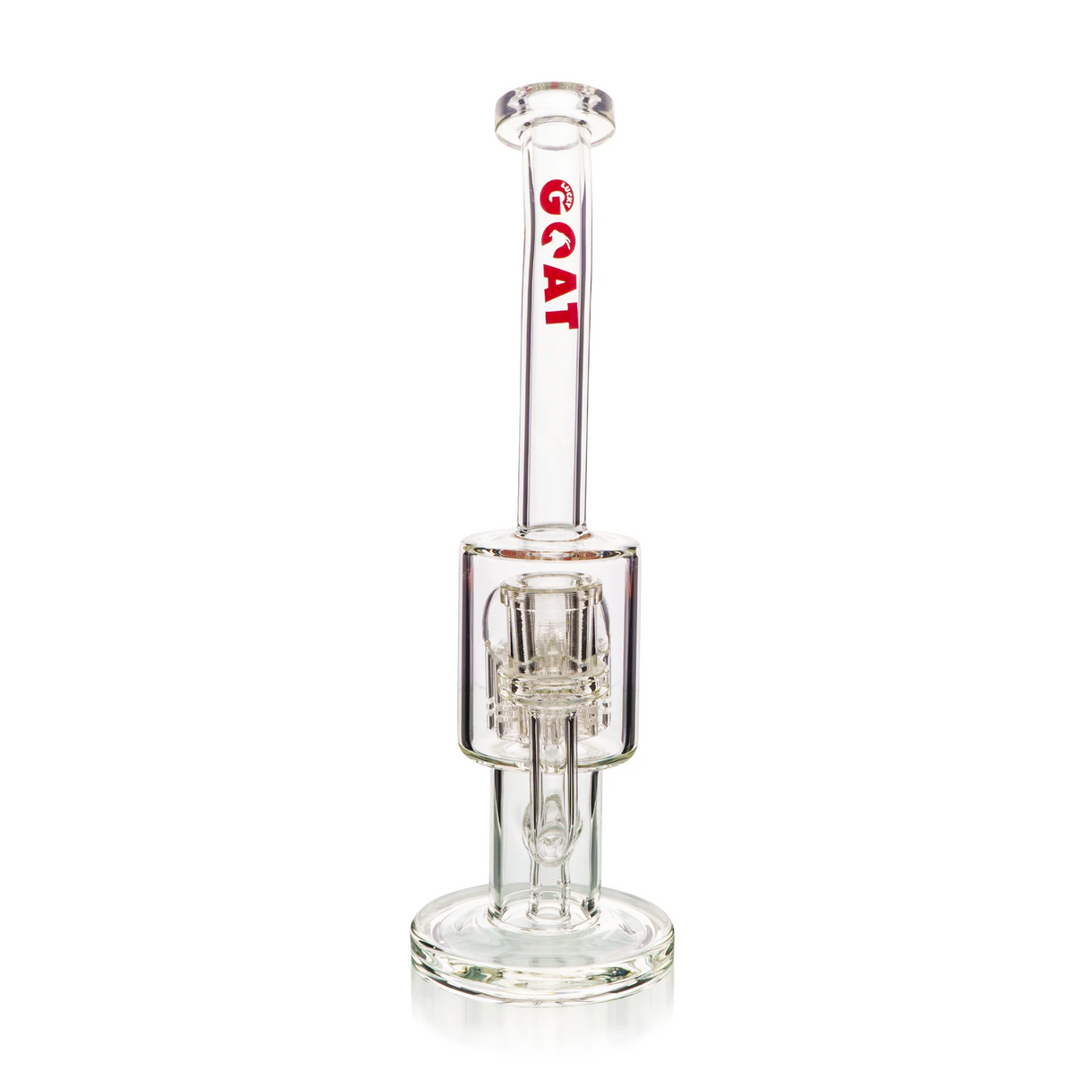 Lucky Goat 12" Clear Glass Dab Rig with Showerhead Perc, Front View on White Background