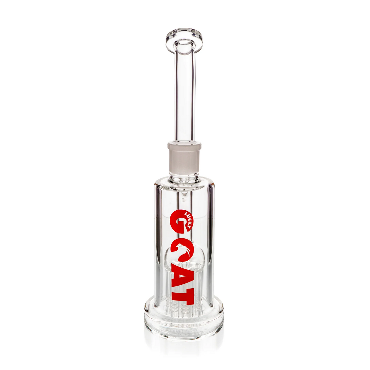 Lucky Goat 8" Appalachian Arm Sherlock Bubbler, clear glass with red logo, front view on white background