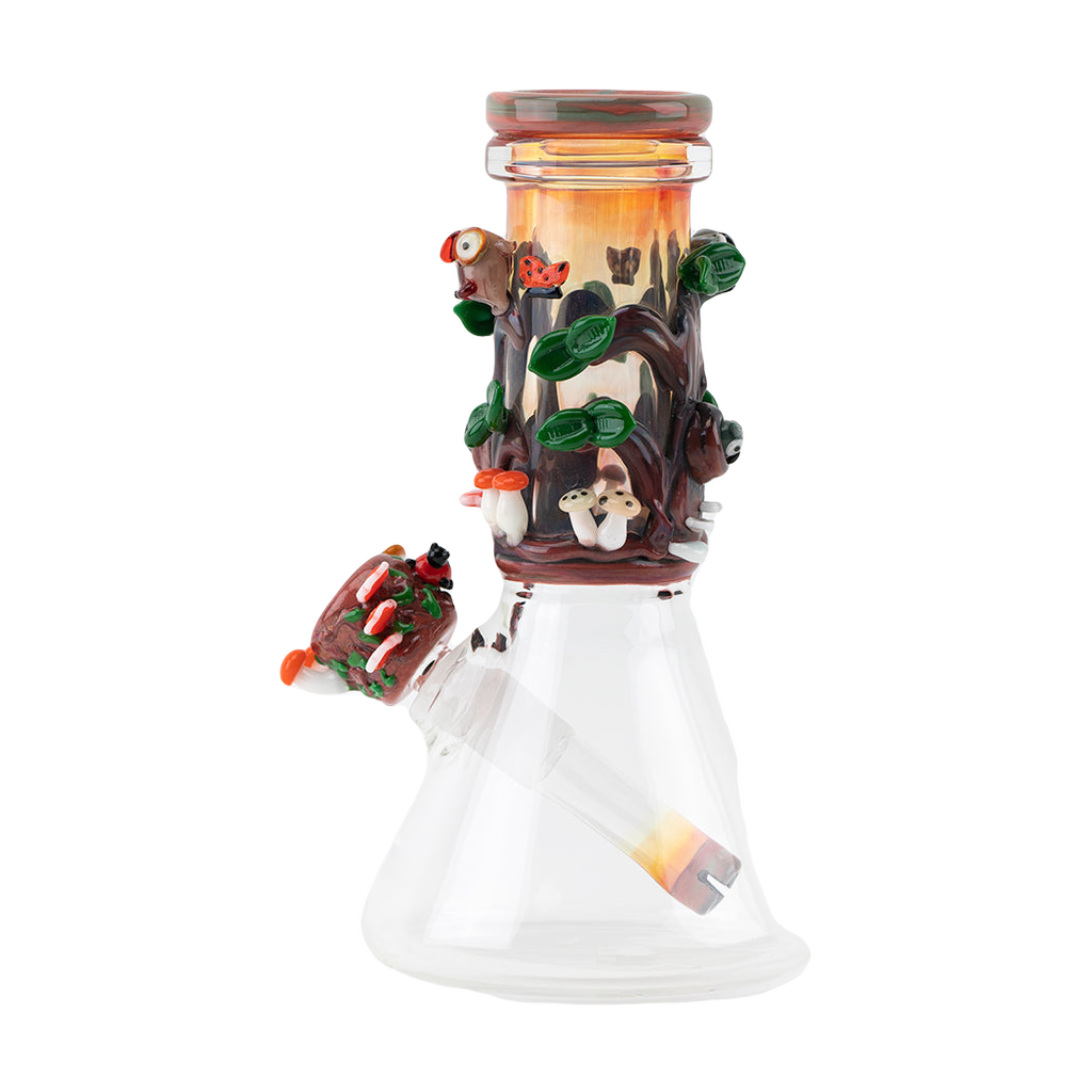 Empire Glassworks Renew the Redwood Baby Beaker with intricate forest animal design, side view