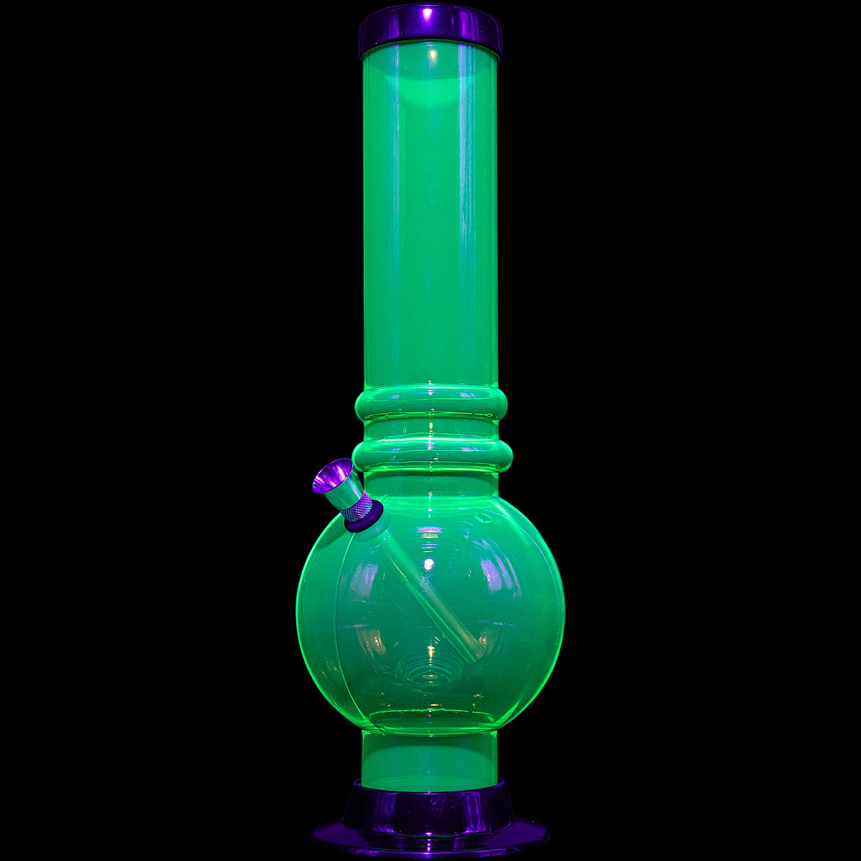 JM Plastics 12-15" Acrylic Bubble Base Bong in Neon Green, Front View on Seamless Black