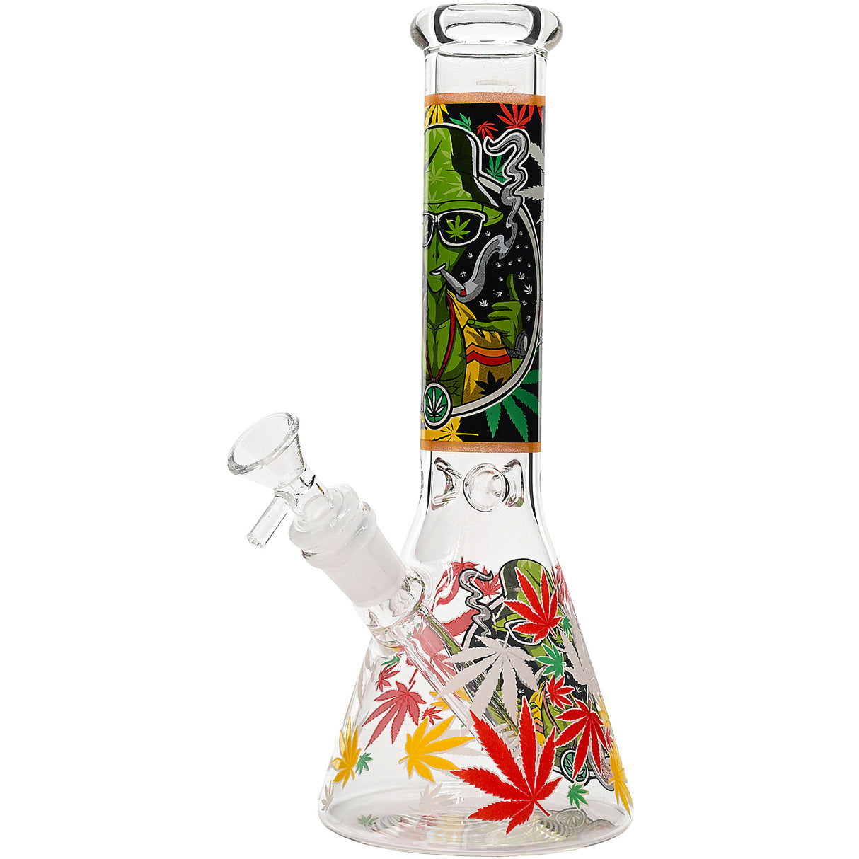 Aliens And Hemp Leaves Glow Glass Beaker Water Pipe-10" / 14mm F / Designs Vary