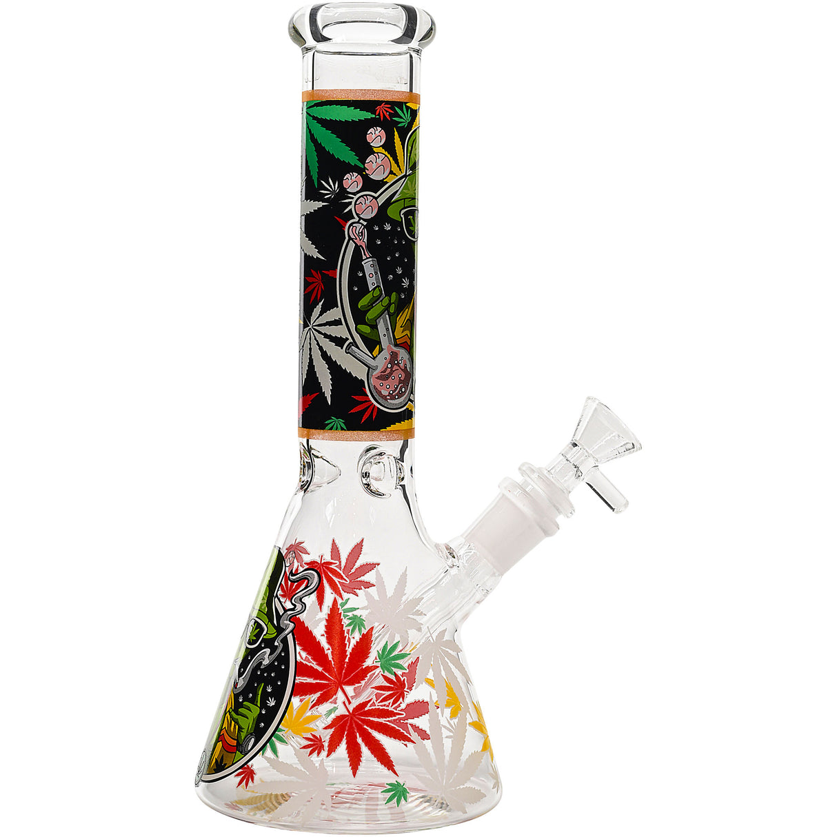 Aliens And Hemp Leaves Glow Glass Beaker Water Pipe-10" / 14mm F / Designs Vary