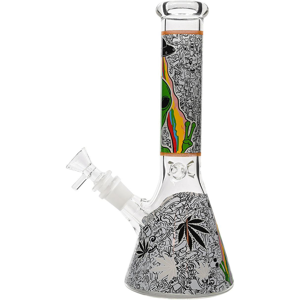 Aliens And Hemp Leaves Glow Glass Beaker Water Pipe-10" / 14mm F / Designs Vary