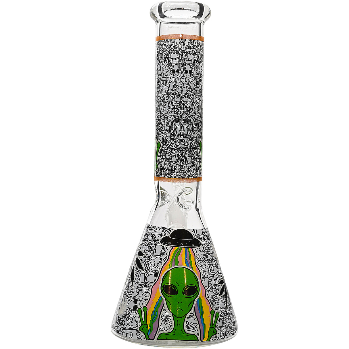 Aliens And Hemp Leaves Glow Glass Beaker Water Pipe-10" / 14mm F / Designs Vary