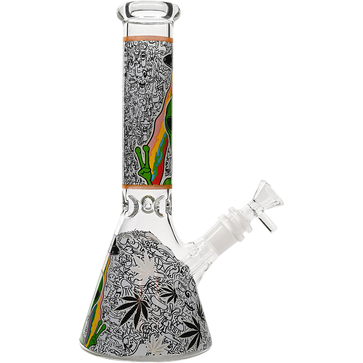 Aliens And Hemp Leaves Glow Glass Beaker Water Pipe-10" / 14mm F / Designs Vary