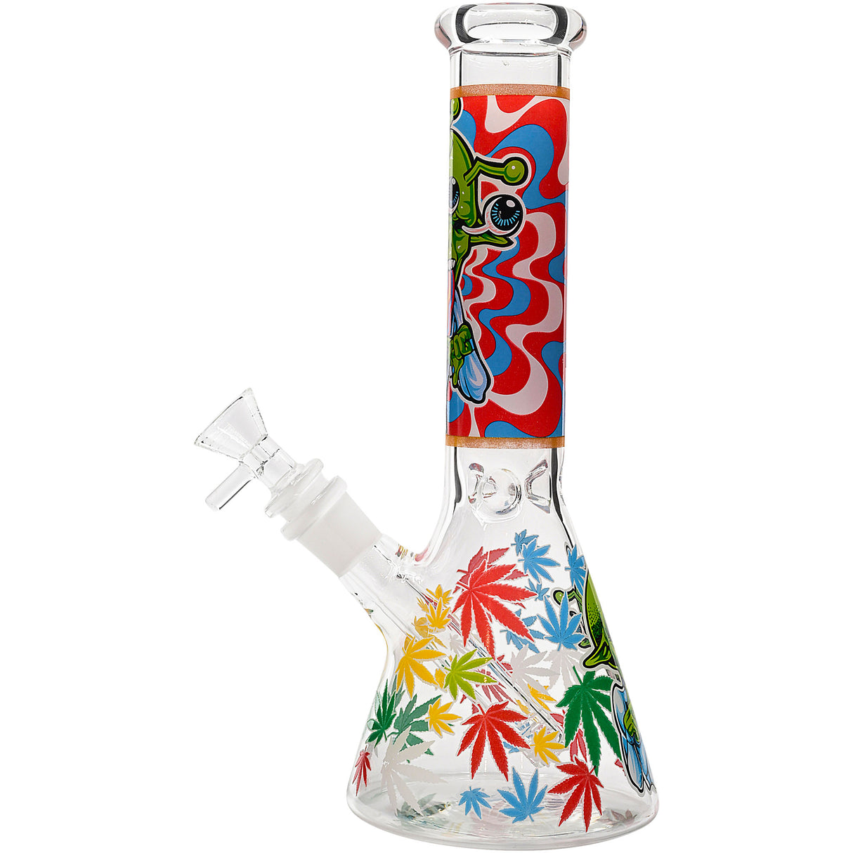 Aliens And Hemp Leaves Glow Glass Beaker Water Pipe-10" / 14mm F / Designs Vary