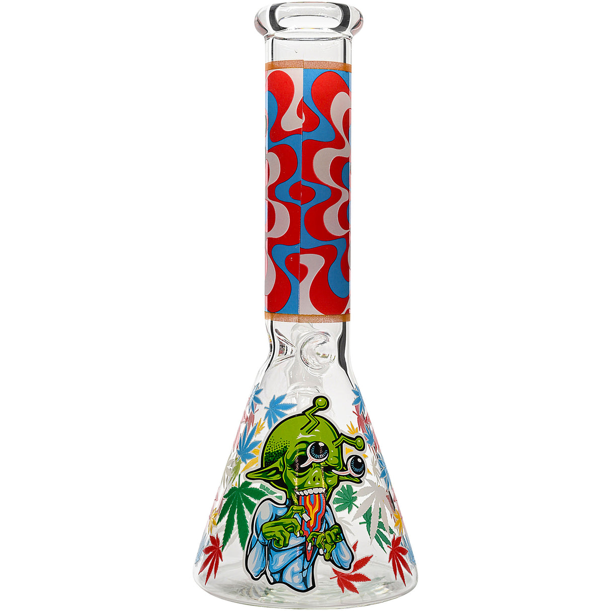 Aliens And Hemp Leaves Glow Glass Beaker Water Pipe-10" / 14mm F / Designs Vary