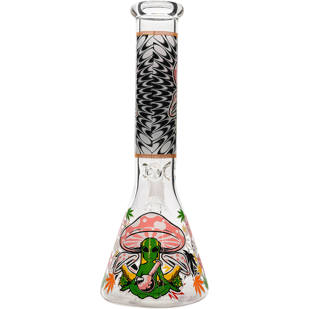 Aliens And Hemp Leaves Glow Glass Beaker Water Pipe-10" / 14mm F / Designs Vary