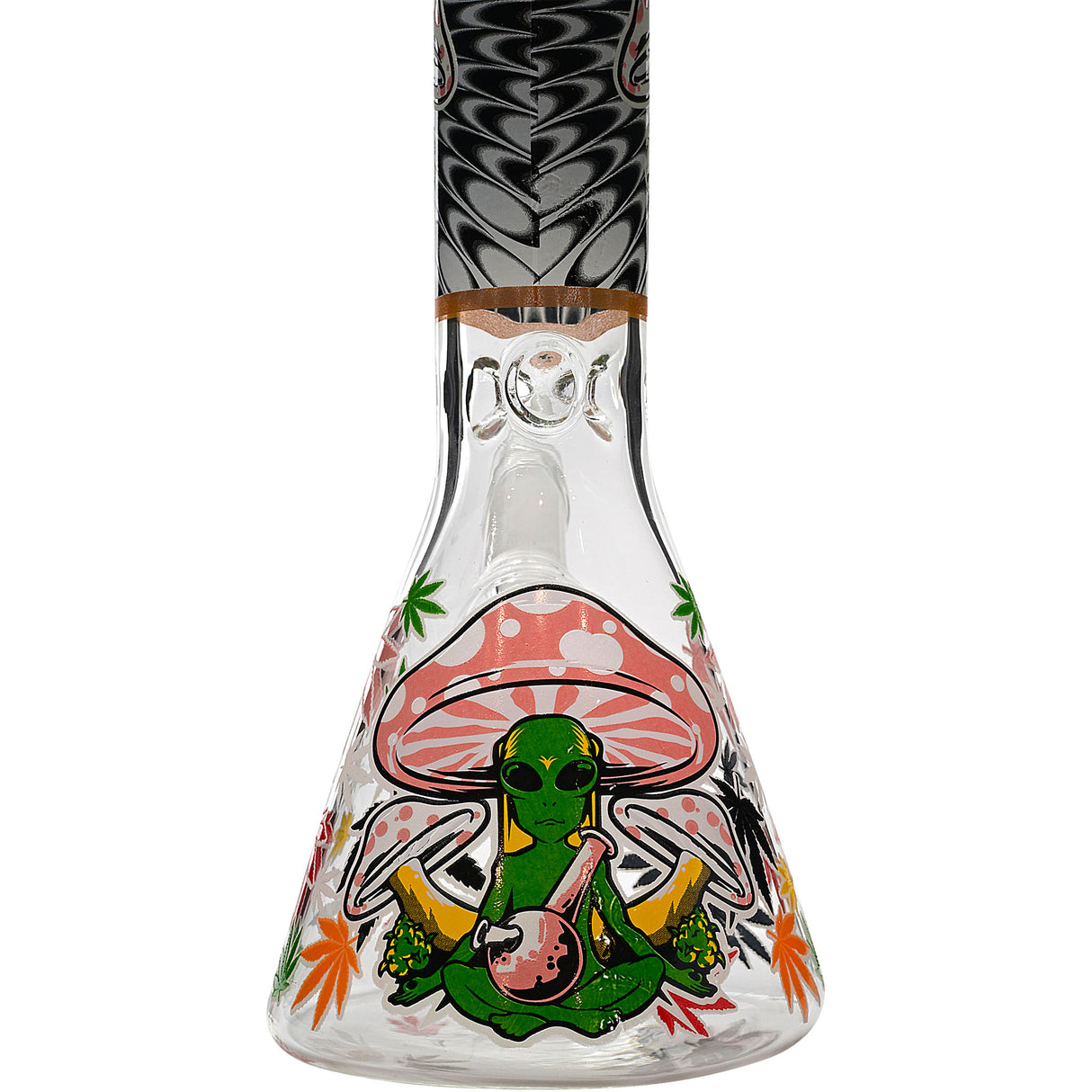 Aliens And Hemp Leaves Glow Glass Beaker Water Pipe-10" / 14mm F / Designs Vary