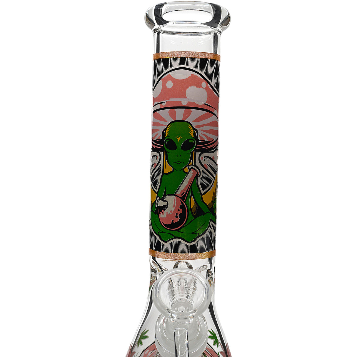 Aliens And Hemp Leaves Glow Glass Beaker Water Pipe-10" / 14mm F / Designs Vary