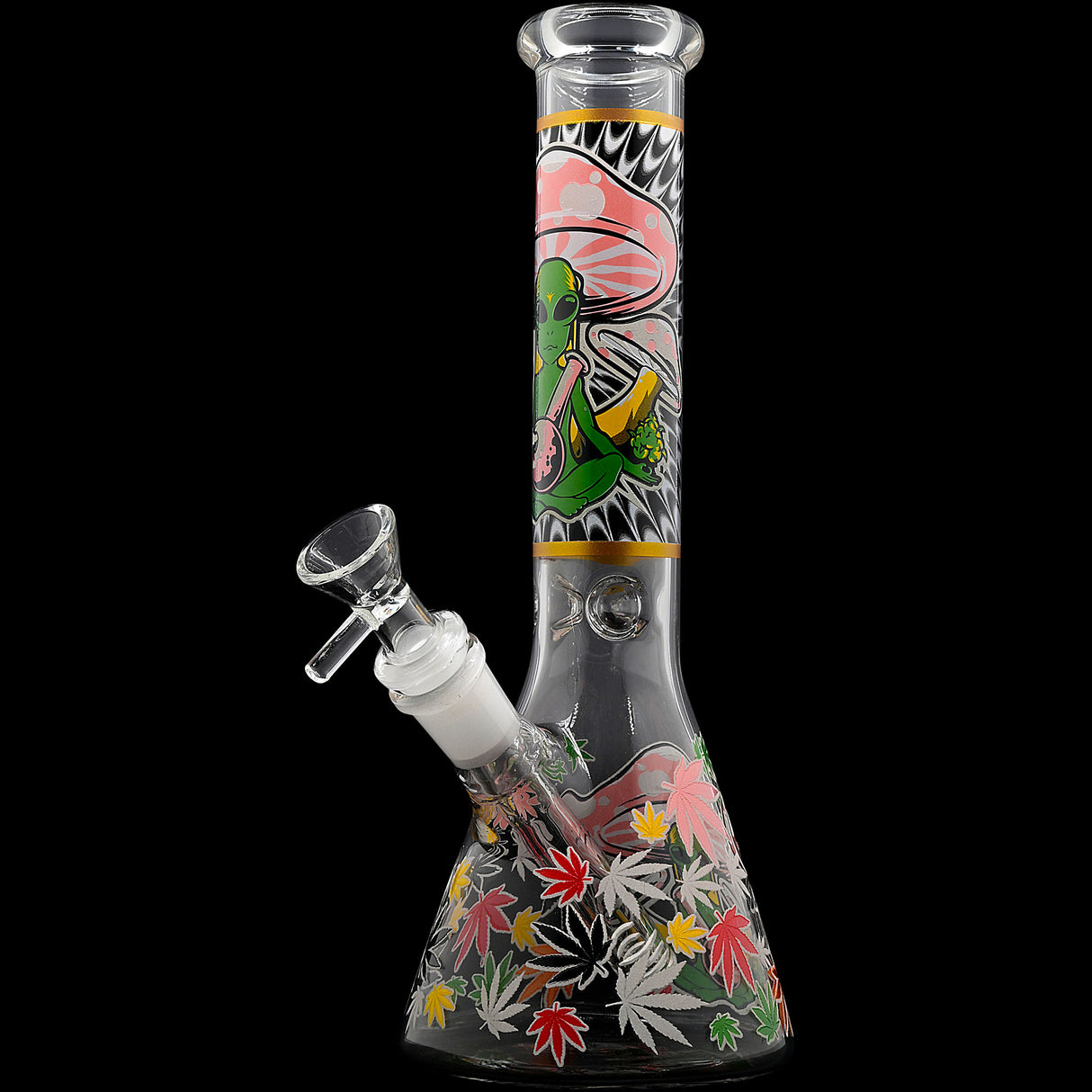 Aliens And Hemp Leaves Glow Glass Beaker Water Pipe-10" / 14mm F / Designs Vary