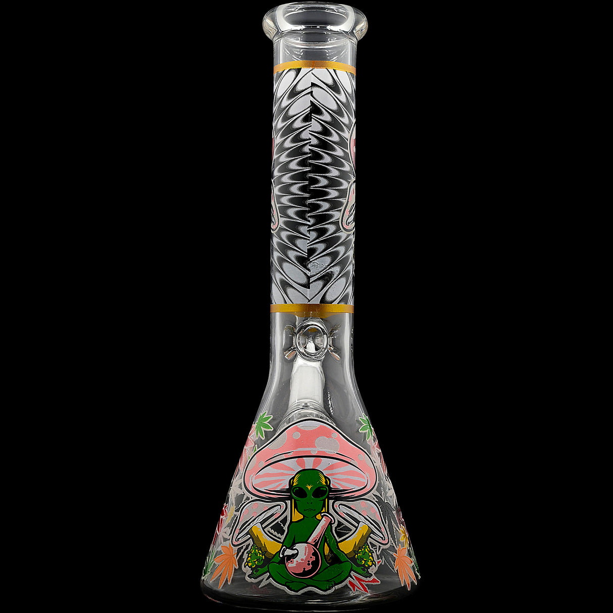 Aliens And Hemp Leaves Glow Glass Beaker Water Pipe-10" / 14mm F / Designs Vary