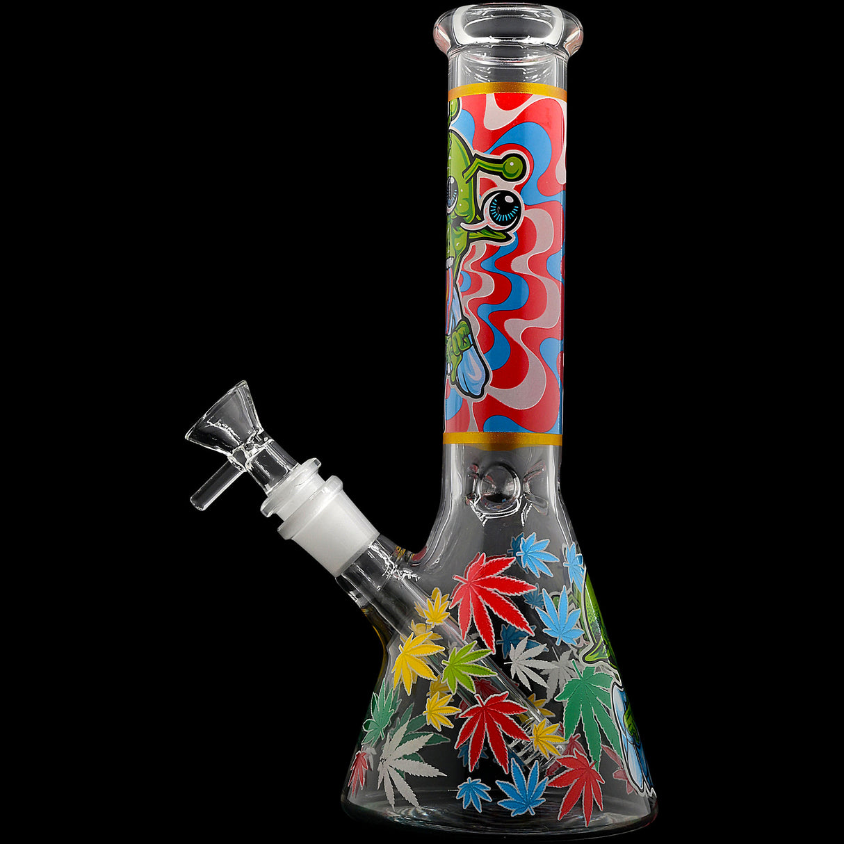 Aliens And Hemp Leaves Glow Glass Beaker Water Pipe-10" / 14mm F / Designs Vary