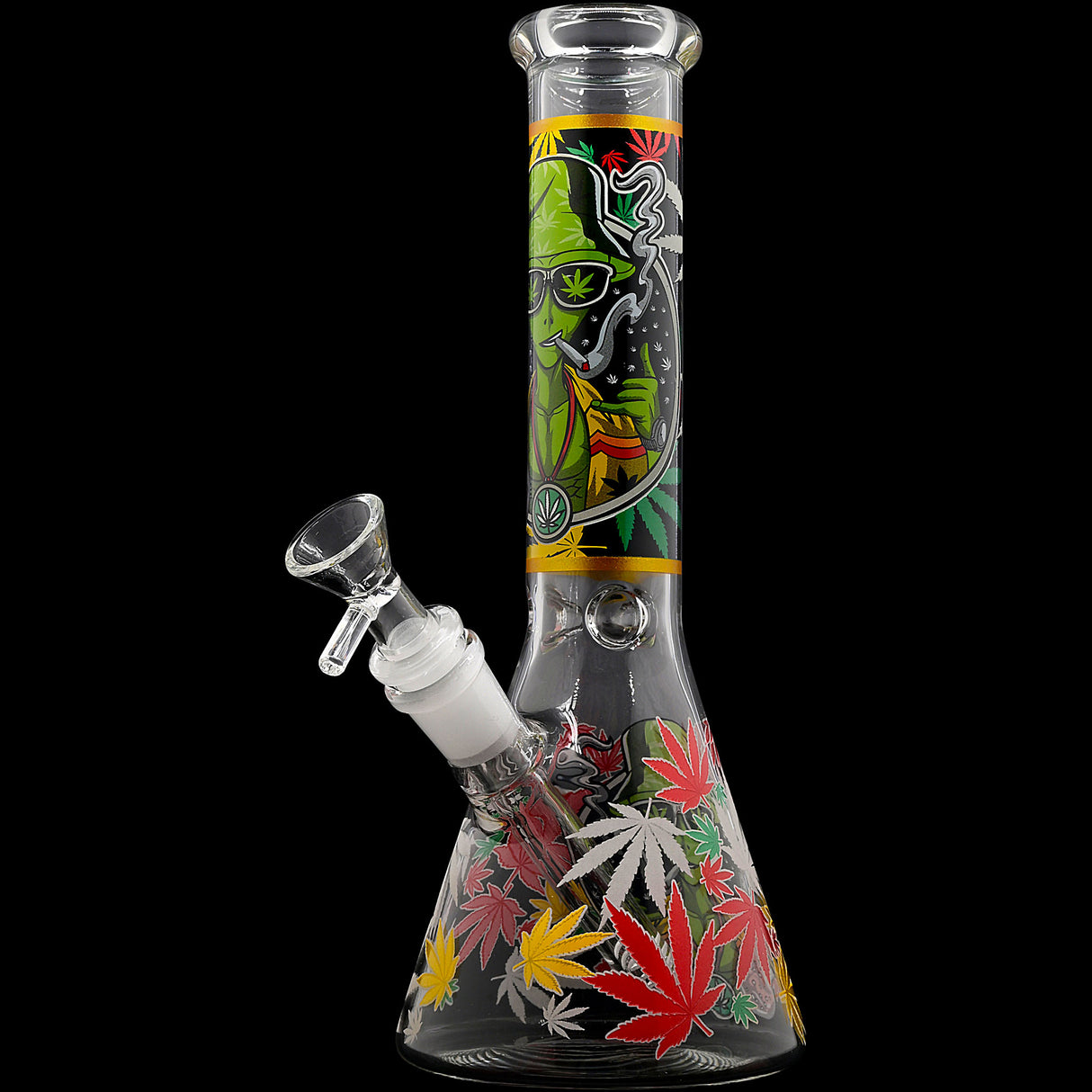 Aliens And Hemp Leaves Glow Glass Beaker Water Pipe-10" / 14mm F / Designs Vary